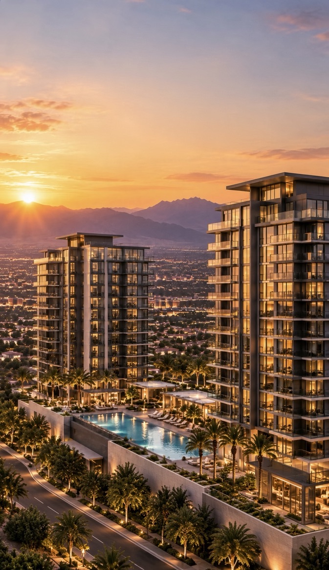 Luxury high rise condo living in Summerlin Las Vegas at sunset